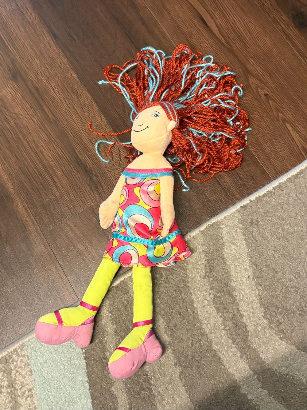 Colorful Yarn-Haired Plush Doll - Pink, Yellow & Orange